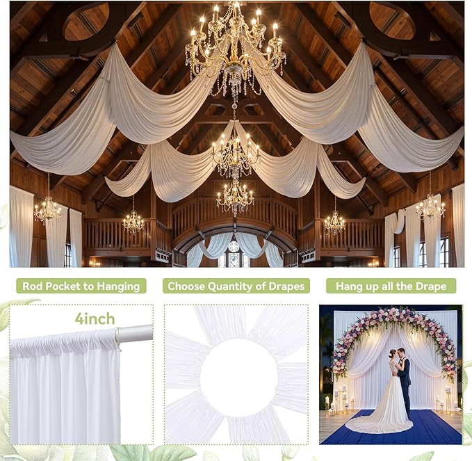 PartyVillage 40ft×15ft White Backdrop Curtain for Wedding Parties, 8 Panels Wrinkle Free 15 FT Long Polyester Photo Backdrop Drapes Back Drop Cloth for Birthday Photography Background