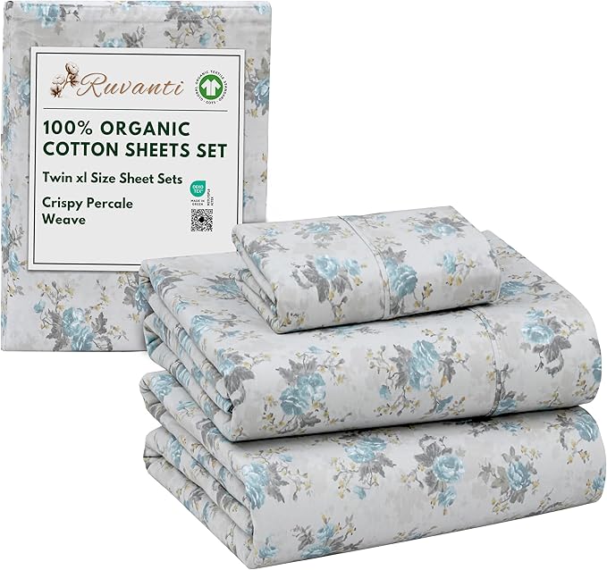 RUVANTI 100% Organic Cotton Sheets Twin XL, Percale Weave, GOTS Certified, 3-Piece Set, Deep Pocket 15", Crisp & Breathable, Soft Durable Bedding, Sábanas Algodón Orgánico – Blue Rose