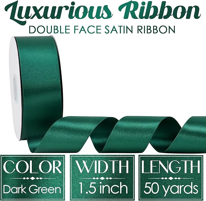 MEEDEE Dark Green Satin Ribbon - 1-1/2 inch Double Faced, Perfect for Christmas Tree, Wreaths, Weddings, Flower Bouquets