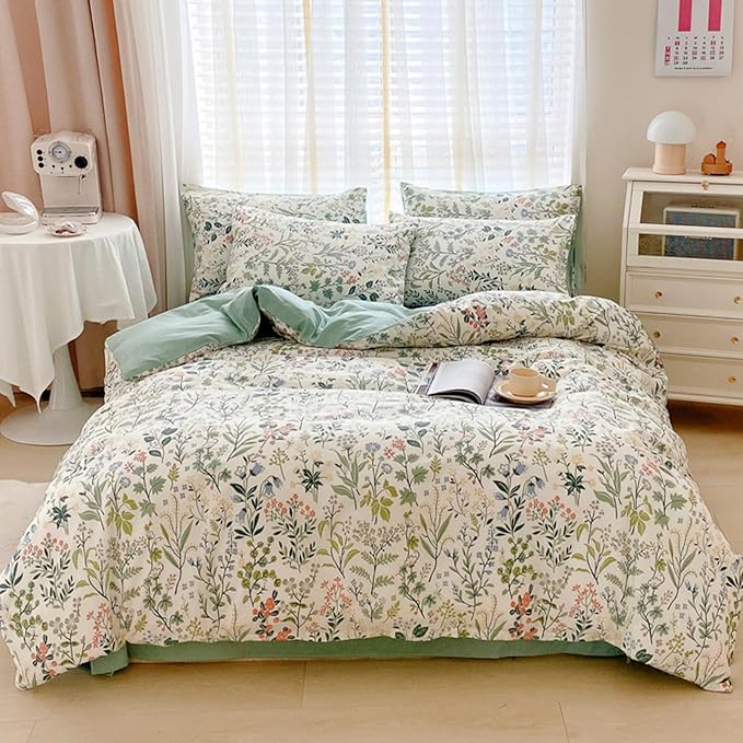 HighBuy King Cotton Duvet Cover Set Aesthetic Floral Bedding Sets Cozy Cotton Cottagecore Flower Duvet Cover Set King Vintage Style Luxury Soft Chic Boho Floral Bedding Collection for Women Girl