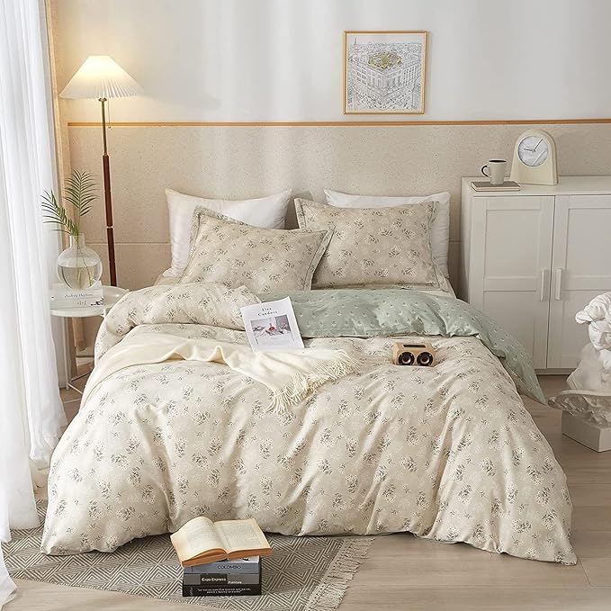 LifeTB Boho Floral Duvet Cover Twin XL Cotton Aesthetic Floral Bedding Sets Vintage Garden Floral Comforter Cover Beige Sage Green Floral Botanical Duvet Cover with Zipper Closure 4 Ties