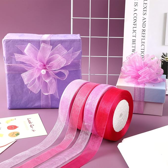 DECYOOL 4 Rolls 200 Yards Organza Ribbon for Gift Wrapping, 4/5 Inches Wide Pink Purple Sheer Chiffon Ribbon Fabric Ribbon for Wedding Birthday Bouquet Wrapping Bows DIY Crafts