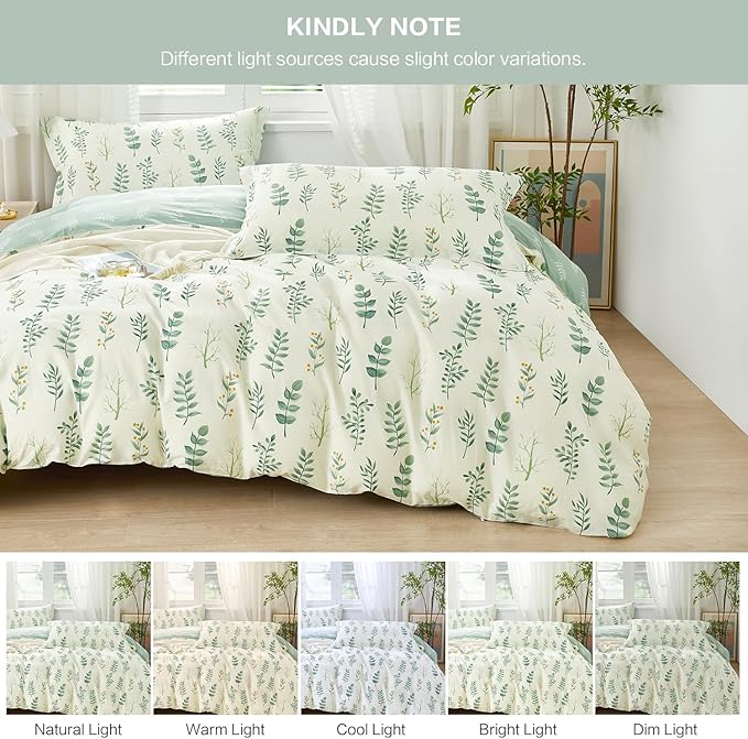 SAPHREAS Botanical Duvet Cover Set Queen Size 3pcs Beige 100% Cotton Bedding Green Leaves Bedding Comforter Cover Set 1 Duvet Cover 2 Pillow Shams, Comforter Not Included