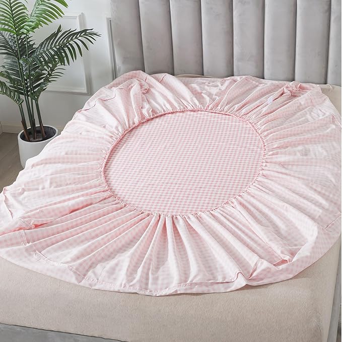 FADFAY Pink Plaid Twin Extro Long Size Sheets 100% Cotton Geometric Checker Bedding Teens Grid White Gingham Pattern College Bedding Deep Pocket Sheets with 2 Pillowcases Ultra Soft 4pcs, Twin XL Size