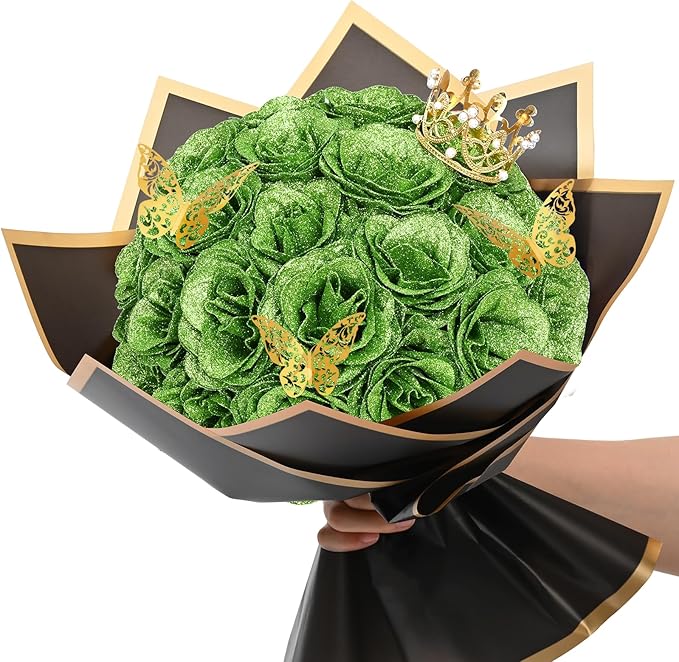 Waipfaru Glitter Roses Bouquet, DIY Green Fake Flowers Bouquet, Birthday Gifts for Women Mom, 36 Pcs Rose for Wife Girlfriend Valentines, Mothers Day, Graduation, St. Patrick's Day