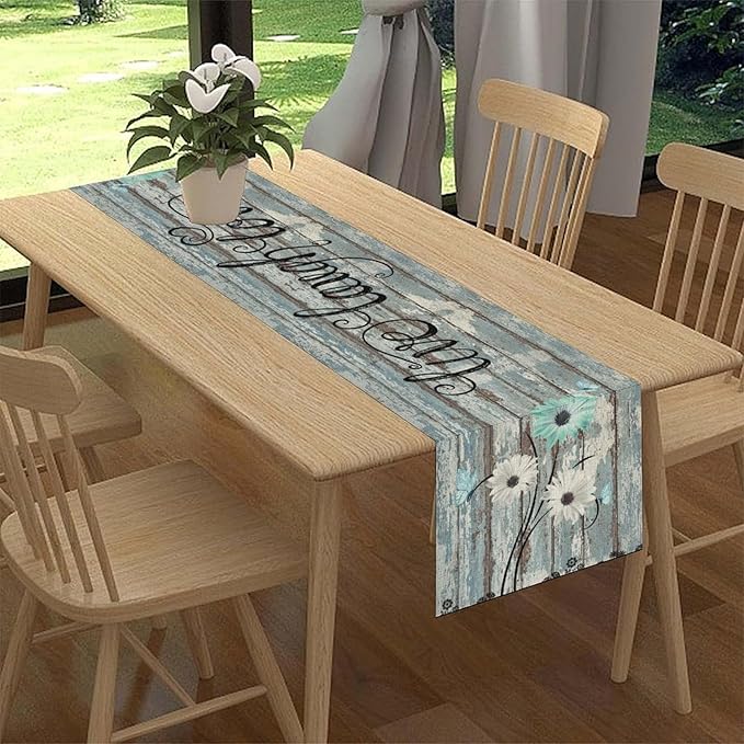 Daisy Floral Table Runner, Rustic Seasonal Spring Wild Flower Rustic Blue Wood Farmhouse Table Center Decor for Family Kitchen Farmhouse Holiday Party Table Decorations Indoor Outdoor 13x90 inch