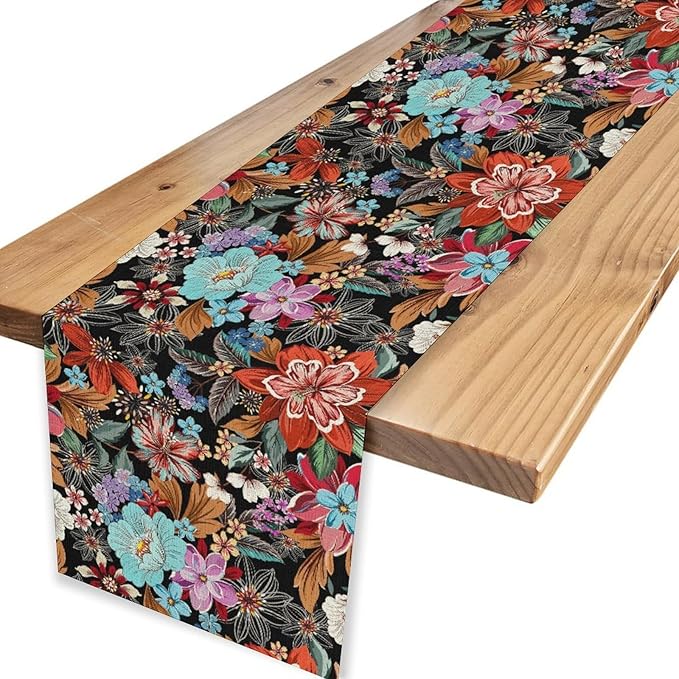 Floral Table Runner, Vintage Colorful Flower Bohemian Floral Print Table Center Decor for Family Kitchen Table Decorations Indoor Outdoor 13x72 inch