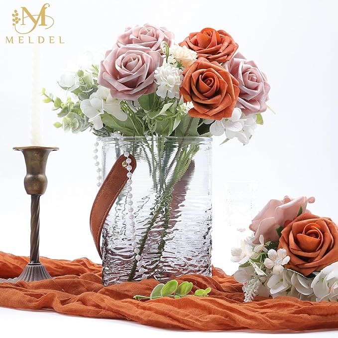 Meldel Artificial Flowers 25pcs Real Looking Burnt Orange Warm Taupe Foam Fake Roses with Stems for DIY Wedding Bouquets Bridal Shower Centerpieces Floral Arrangements Home Decorations Bulk Crafts