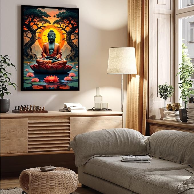 Canvas wall art Golden Buddha on lotus at sunset Ancient trees with reflections on water Serene meditation scene Uplifting wall art for mindfulness and tranquil home decor 8x12in Metal blackFramed
