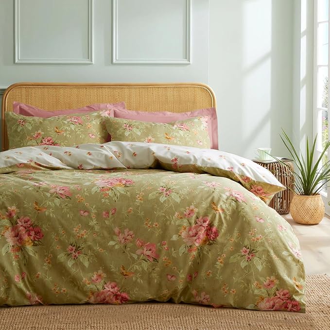 mixinni Duvet Cover Twin XL Size, Long Staple Cotton Reversible Floral Green Duvet Cover Set with Zipper Ties, 3 Pieces Botanical Pink Flowers and Green Branches Patterns Bedding Set