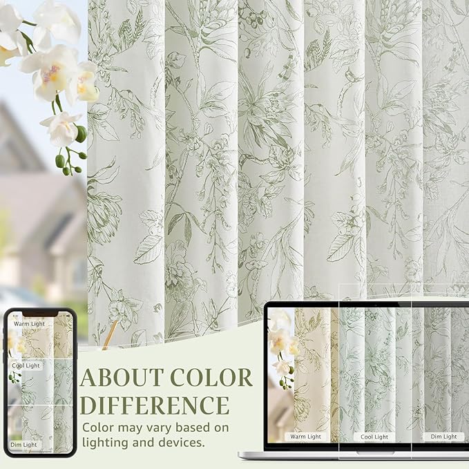 jinchan Floral Curtains 84 Inches Long Sage Green Flower Linen Farmhouse Curtain for Living Room French Country Vintage Curtain Rod Pocket Curtains Set 2 Panels Floral Printed