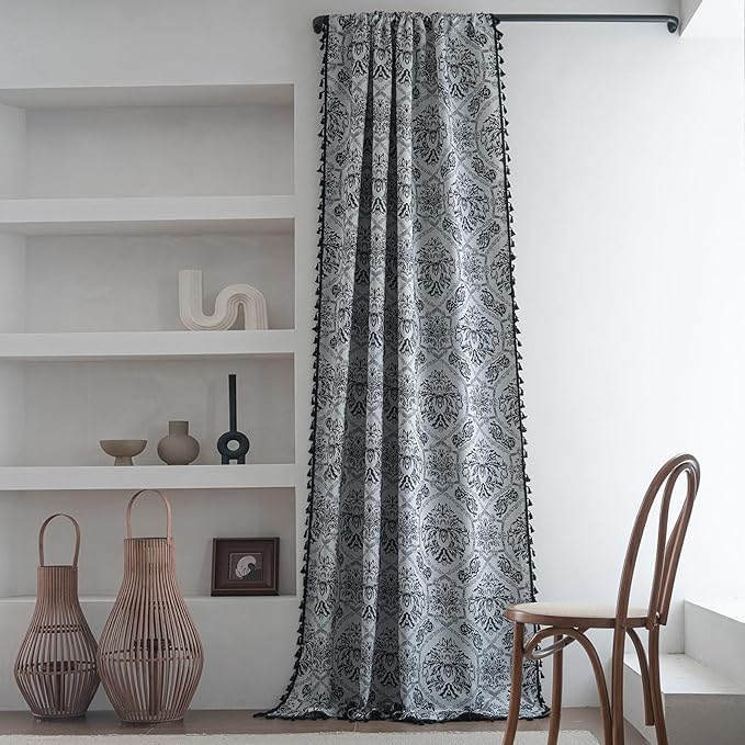 ENJOYBRIDAL Black Damask Curtains 63 Inch Long Semi Sheer Rod Pocket Drapes Bedroom Living Room 2 Panels Short Window Curtain Panels Boho Jacquard Medallion Pattern Light Filtering Window Treatments