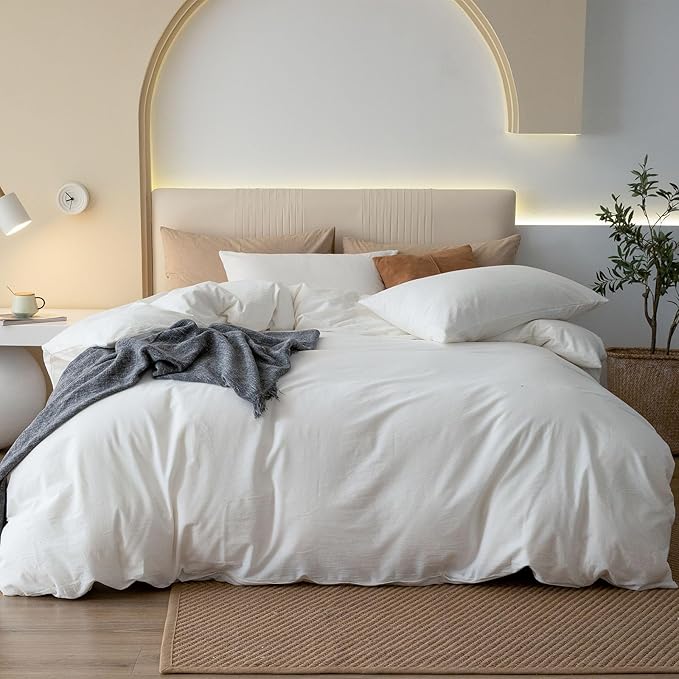 JIYUAN 100% Washed Cotton Duvet Cover Set 2 Pieces Twin, 1 Duvet Cover 68x90 Inches(Comforter Not Included) and 1 Pillowcases,Linen Feel Bedding Set Comfy and Breathable,Off White