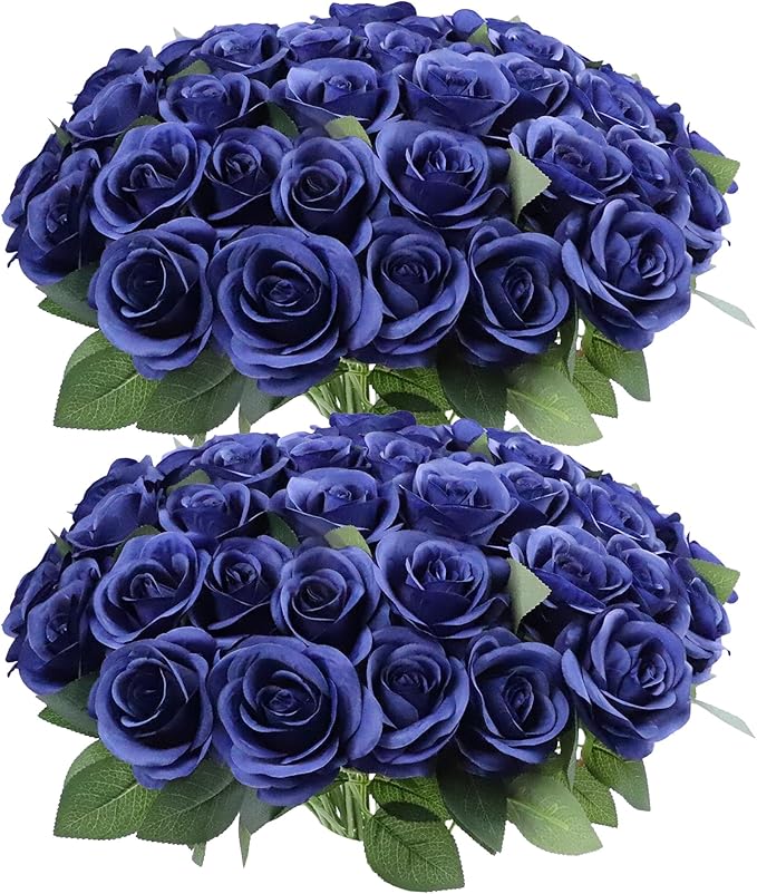 52pcs Navy Blue Roses Artificial Flowers Fake Flowers Silk Roses with Stems for DIY Wedding Bouquets Bridal Shower Centerpieces Arrangements Party Decorations