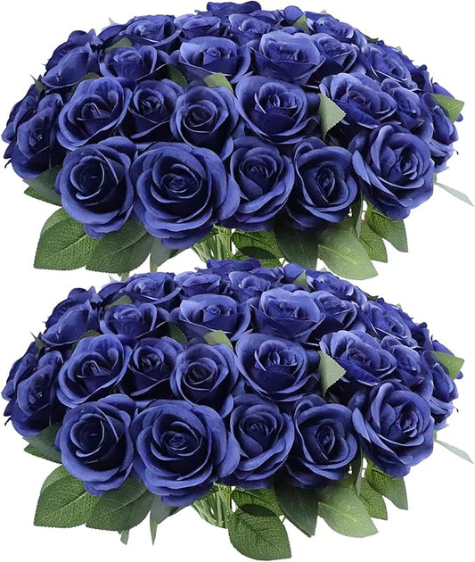 52pcs Navy Blue Roses Artificial Flowers Fake Flowers Silk Roses with Stems for DIY Wedding Bouquets Bridal Shower Centerpieces Arrangements Party Decorations