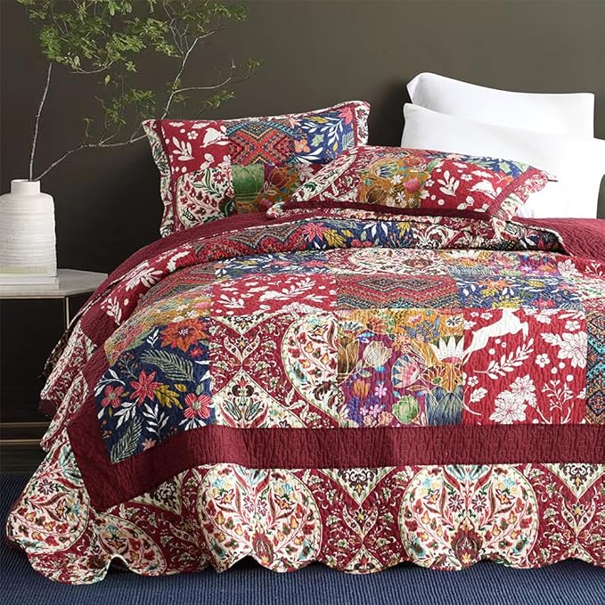 ENASAL Cotton Bedspread Quilt Sets Reversible Bedding Coverlet Sets Comforters Vintage Luxury Damask Floral Real Patchwork Burgundy Bedspread,Queen Size