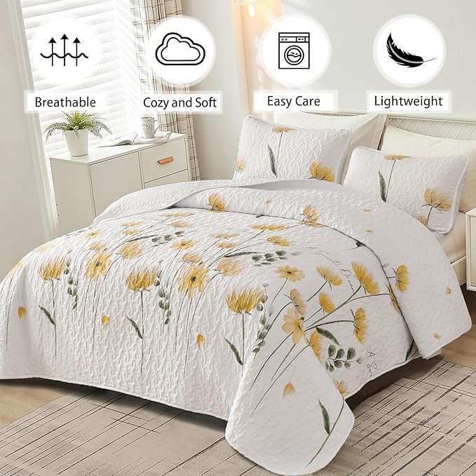 Dinjoy Twin Quilt Set Cute Floral Bedspread Yellow Flower Quilts Microfiber Lightweight Spring Bedding Sets Reversible Soft Quilted Bed Coverlet for Summer (68"x86")