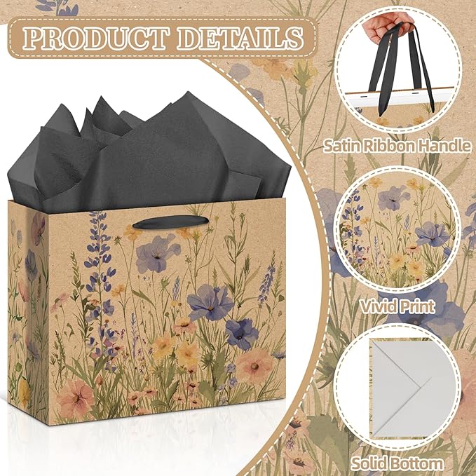 Wildflower Gift Bag Christmas Gifts Wild Floral Birthday Bag with Wrapping Paper Card Sticker Envelope for Watercolor Flower Christian Presents Wedding Baby Shower Bridal Shower Engagement Gifts Wrap