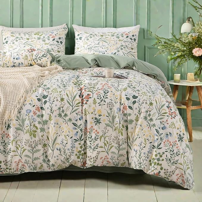 mixinni Sage Green Duvet Cover Set King-Exquisite Floral King Size Comforter Set for All Seasons, 3 Pieces, 1 Wildflower Plants Duvet Cover (104"x90") and 2 Pillow Cases (20"x36"), Sage Green