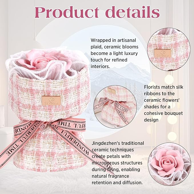 Handmade Ceramic Memorial Gift - Eternal Pink Rose Bouquet with Natural Fragrance, Ceramic Craft Artwork, Perfect for Women, Mothers, Wives, Her Birthday Gift‌