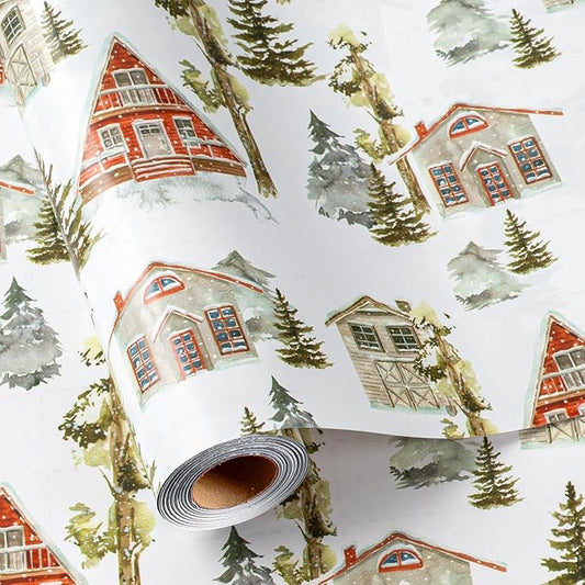 MAYPLUSS Christmas Wrapping Paper Roll - 17 In x 33 Feet - Cute Watercolor Christmas Tree Log Cabin Gift Wrap Paper for New Year, Holiday, Kids