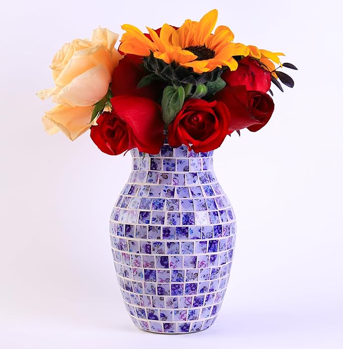 8" H Purple Mosaic Vase.Exquisite Craftsmanship.Decor Home Modern Midsize All Handmade Mosaic Vases .Beautiful Glass Vase for Home&Office Decor.Unique Gift