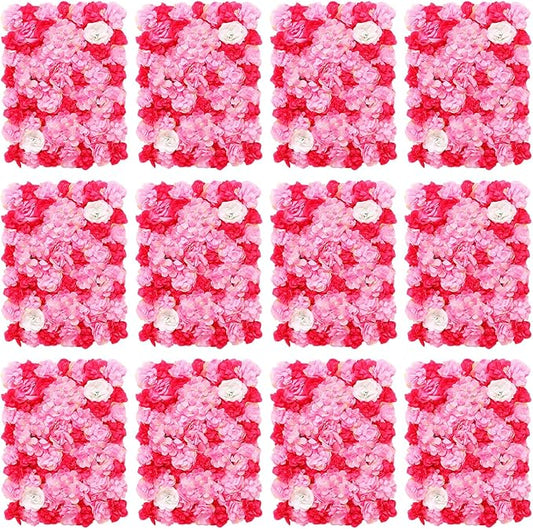 12pcs 24" x 16" Artificial Flower Wall Panel Background,3D Dark Pink Silk Dahlia Rose Flowers Wall Backdrop for Wedding Party Event Photo Backdrop Wall Decor (Type 1)