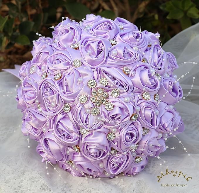 Bridal Wedding Bouquet Round Bling Brooch Bouquet Throw Toss Artificial Rose Flower Bunch for Bride Bridesmaid Wedding Quinceanera(Light Purple, 8.7")