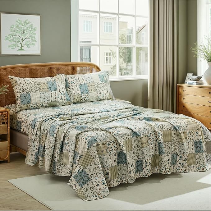 Shabby Chic Floral Patchwork Sheets Set Queen Size, Crisp Cooling Sheets with a Smooth Cotton Percale Lightweight Feel, 4 Pieces Luxury Soft Deep Pocket Fitted Sheet 17.5''