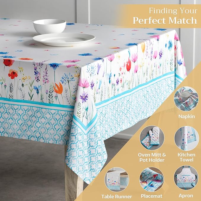 Maison d' Hermine Table Cloth Square Table 100% Cotton 60 x 60 Inches Tablecloth Reusable Decorative for Dining Room, Farmhouse, Home, Party, Festive & Wedding Spring Summer - Flower in The Field