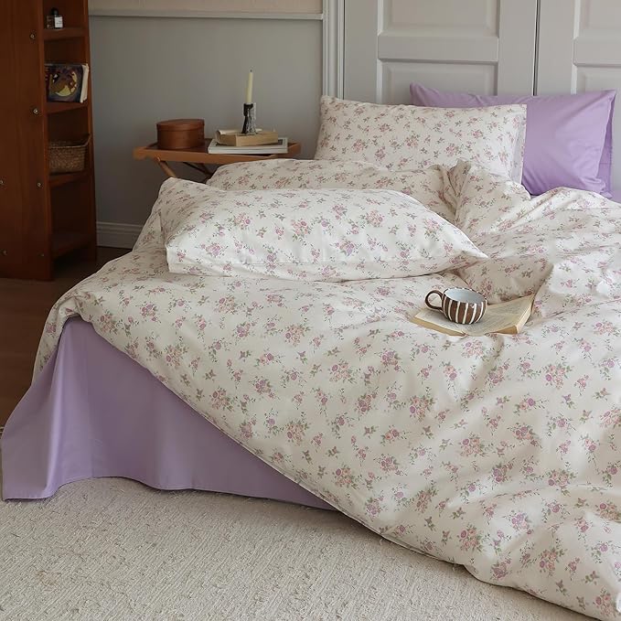 Vintage Garden Floral Comforter Set Full Size Cute Pink Floral Bedding Comforter Soft Fluffy Reversible Botanical Flowers Comforter with 2 Pillowcases Boho Cottagecore Bedding Full Comforter Set