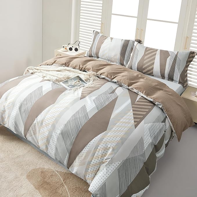 SAPHREAS Dot Stripes Geometric Pattern Duvet Cover Set King Size Microfiber Brown Khaki White Patchwork Bedding Comforter Cover Set 1 Duvet Cover 2 Pillow Shams