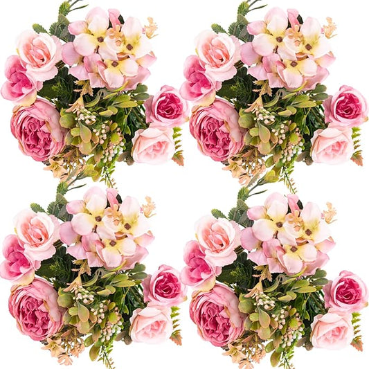 ASTRYAS 4 Packs Artificial Fake Flowers, Pink Flowers Artificial Peony Silk Fake Peonies Bouquet Table Centerpiece for Spring Summer Wedding Shower Party Home Decoration(Pink)