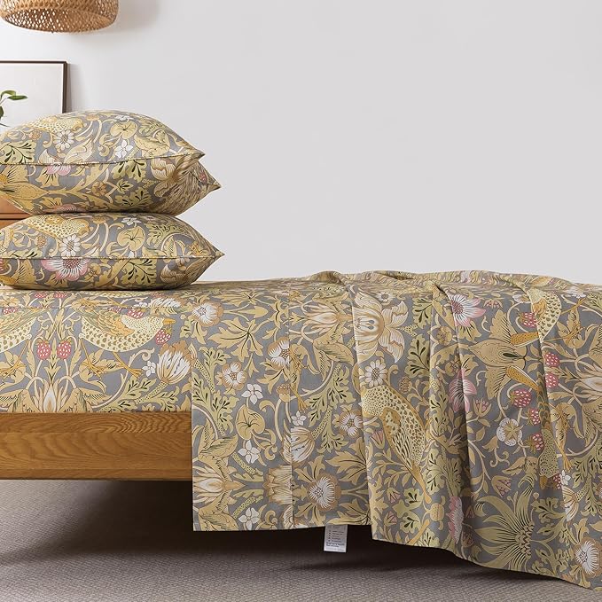 FADFAY 100% Cotton Cal King Bed Sheet Set, 4 Piece Gray Vintage Floral Bird Print Bedding, Soft Breathable Cooling Sheets, Deep Pocket Fitted Sheet, Flat Sheet & Pillowcases, All Season Cotton Bedding