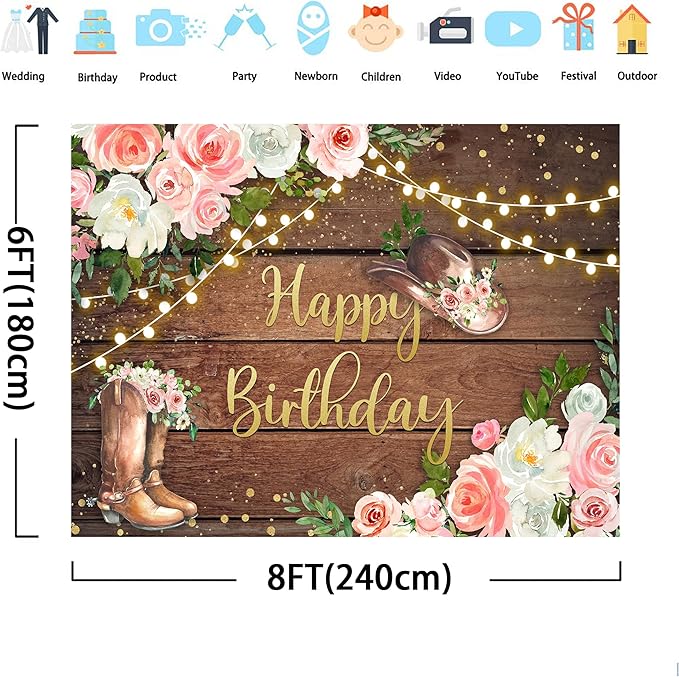 SVBright Cowgirl Birthday Backdrop 8Wx6H Western Rustic Country Wooden Plank Pink Flower Floral Happy Birthday Baby Shower Hat Plant Decorations Photography Background Banner Photo Booth Studio