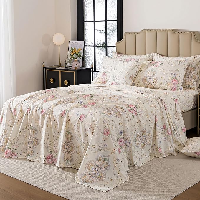 FADFAY 100% Cotton Pink Rose Floral 4-Piece Twin Bed Sheet Set, Soft Breathable Cooling Sheets with Deep Pocket Fitted Sheet, Flat Sheet & Pillowcases, All Season Romantic Vintage Bedding