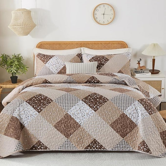 Dinjoy Floral Plaid Patchwork Quilt Set King Size, Reversible Brown Bedding Set Soft Microfiber Lightweight Bedspread Coverlet 3 Piece Fall Autumn Summer Use (110x90 inches)