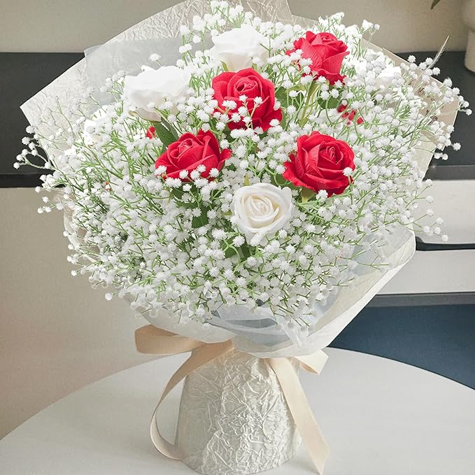 20Pcs Babys Breath Artificial Flowers Bulk, 12Pcs Fake White Roses Fake Flowers, DIY Wedding Flowers Bouquet, Realistic Faux Silk Flowers for Home Table Decor