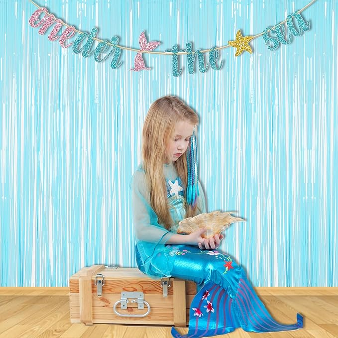BRAVESHINE Foil Fringe Curtains Backdrop - 2Pcs Pastel Blue Streamers Tinsel Backdrop for Christmas/Winter’s Snowflake/Frozen/Baby/Boy/Under Sea/Shark/Mermaid/Bachelorette/Birthdays Party Decorations