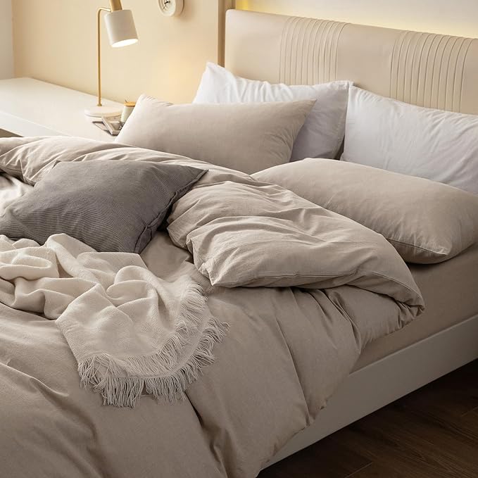 JIYUAN 100% Washed Cotton Duvet Cover Set Oversized King, 1 Duvet Cover 120"x98" (Comforter Not Included) and 2 Pillowcases,Linen Feel Bedding Set Comfy and Breathable, Heathered Tannish Linen Grey