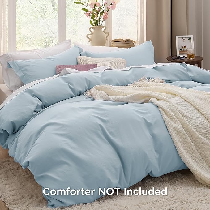 Bedsure Sky Blue Duvet Cover Queen Size - 3 Pieces Prewashed Cotton-Like Extra Soft Bedding Set, Includes 1 Duvet Cover 90x90 Inches with Zipper Closure & 2 Pillow Shams, Comforter Not Included
