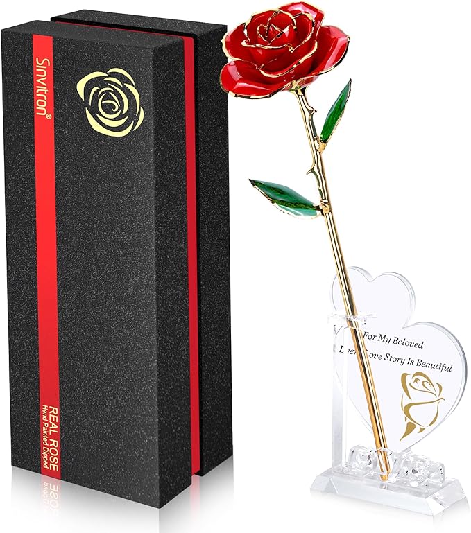 Sinvitron Gold Dipped Infinity Rose Forever Flower Decor, Resin Preserved Real Rose Birthday Gift for Women, Anniversary Present for Mom (Red)