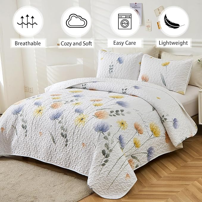 Dinjoy Floral Quilt Set Queen 3 Pieces Blue & Yellow Quilts Bedding Set Bohemian Bedspread Bed Cover Lightweight Spring Summer Beds Coverlet for All Season(96"x90")
