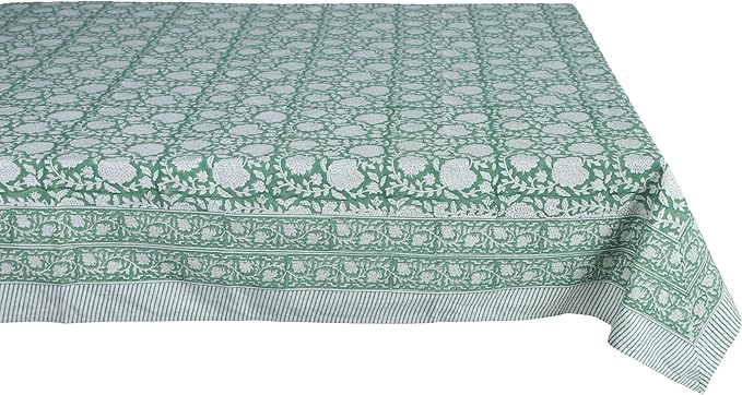 ATOSII Shalimar Green 100% Cotton Spring Summer Tablecloth, Handblock Print Rectangle Table Cover for Dining, Parties, Wedding, Outdoors, Easter Table Cloth I 72 X 140 Inches I 12 Seater