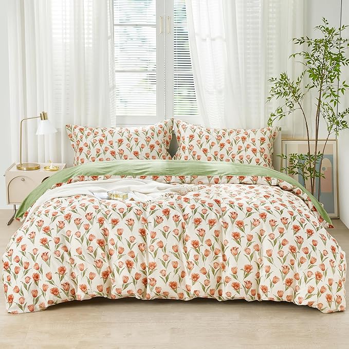 SAPHREAS Red Tulips Floral Green Leaves Duvet Cover Set Twin Size 2pcs Soft Cozy Garden Style Bedding Comforter Cover Set 100% Cotton 1 Duvet Cover 68"x90" 1 Pillow Sham, Comforter Not Included