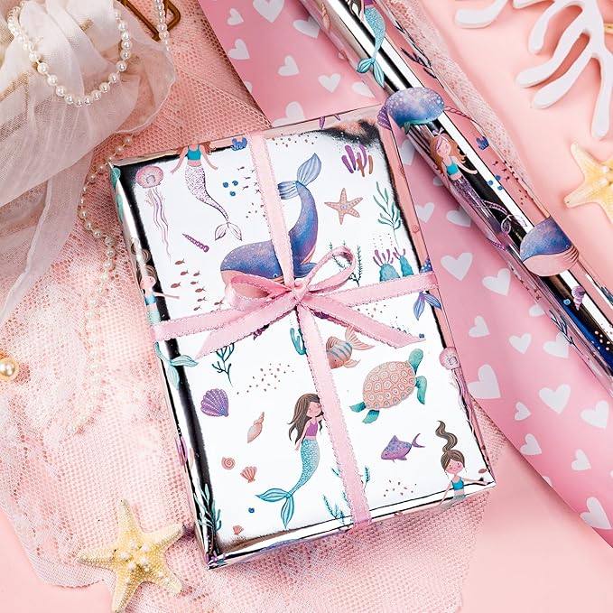 Homeral Reversible Mermaid Wrapping Paper Roll - Metallic Foil Whale, Turtle, Shell, Ocean-Themed with Pink Heart for Girl Birthday, Baby Shower - Mini Roll - 17 Inch x 33 Feet