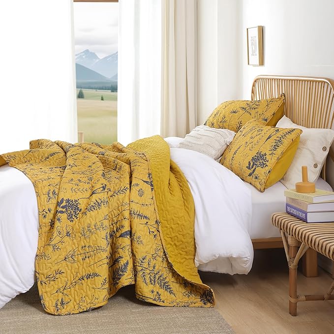 JANZAA King Size Ginger Quilt Bed Spread Boho Quilt Set 3 Pieces Lightweight Comforter Reversible Bedding Set, 1 Quilt 104x90 inches, 2 Pillowcases
