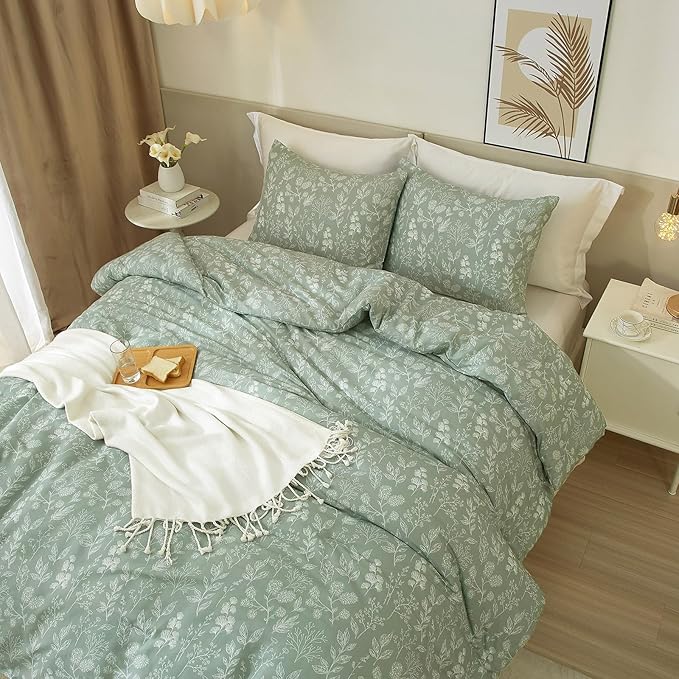 EAVD Garden Style Sage Green Floral Duvet Cover Twin XL Soft Cotton Chic Shabby Small Floral Bedding Set with 2 Pillowcases Fresh Reversible Botanical Duvet Cover with Zipper Closure