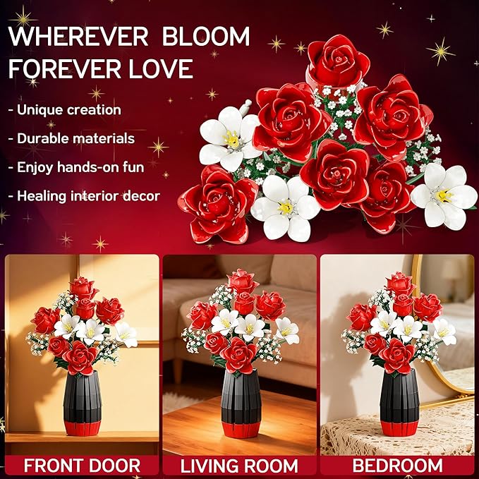 Rose Flower Building Blocks with Vase Set for Adults, Christmas Artificial Flower Bouquet Botanical Collection Bricks Anniversary Birthday Gifts for Her Women Mom Grandma Wife Men Home Decor -1077PCS