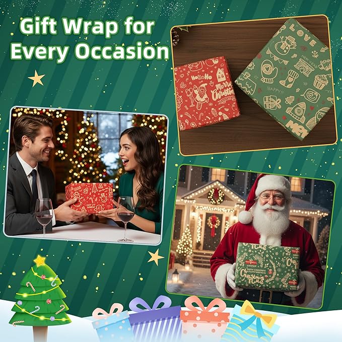 Anvure Christmas Wrapping Paper (4 Rolls: 147.24 sq. ft. ttl.) Kraft Set Featuring Santa Claus, Snowman & Xmas Presents, Red & Green Holiday Designs for Gift Wrap 29.92 Inch X 14.76 Feet Per Roll